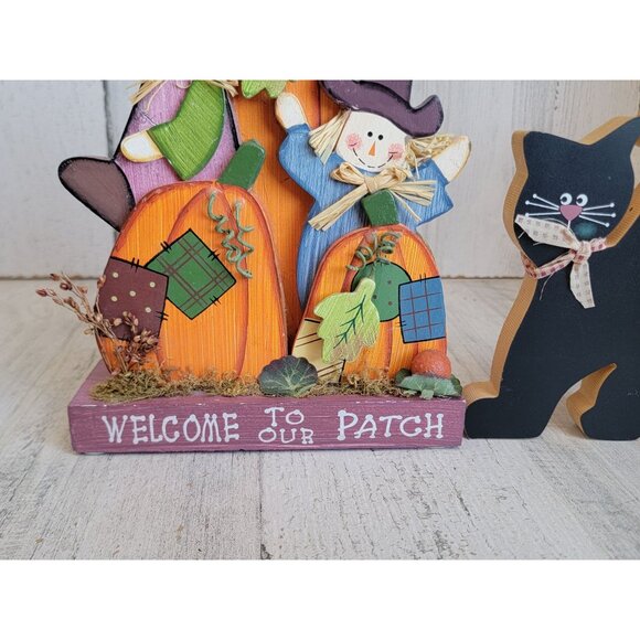 Wooden scarecrow patch black cat Halloween home decor set - Picture 2 of 5